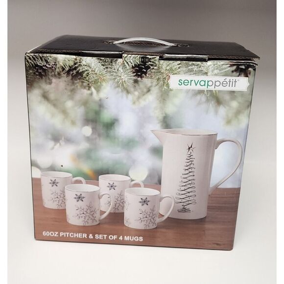 Servappetit Christmas Snowflake 60 oz. Pitcher & 4 Mugs New - Picture 1 of 13